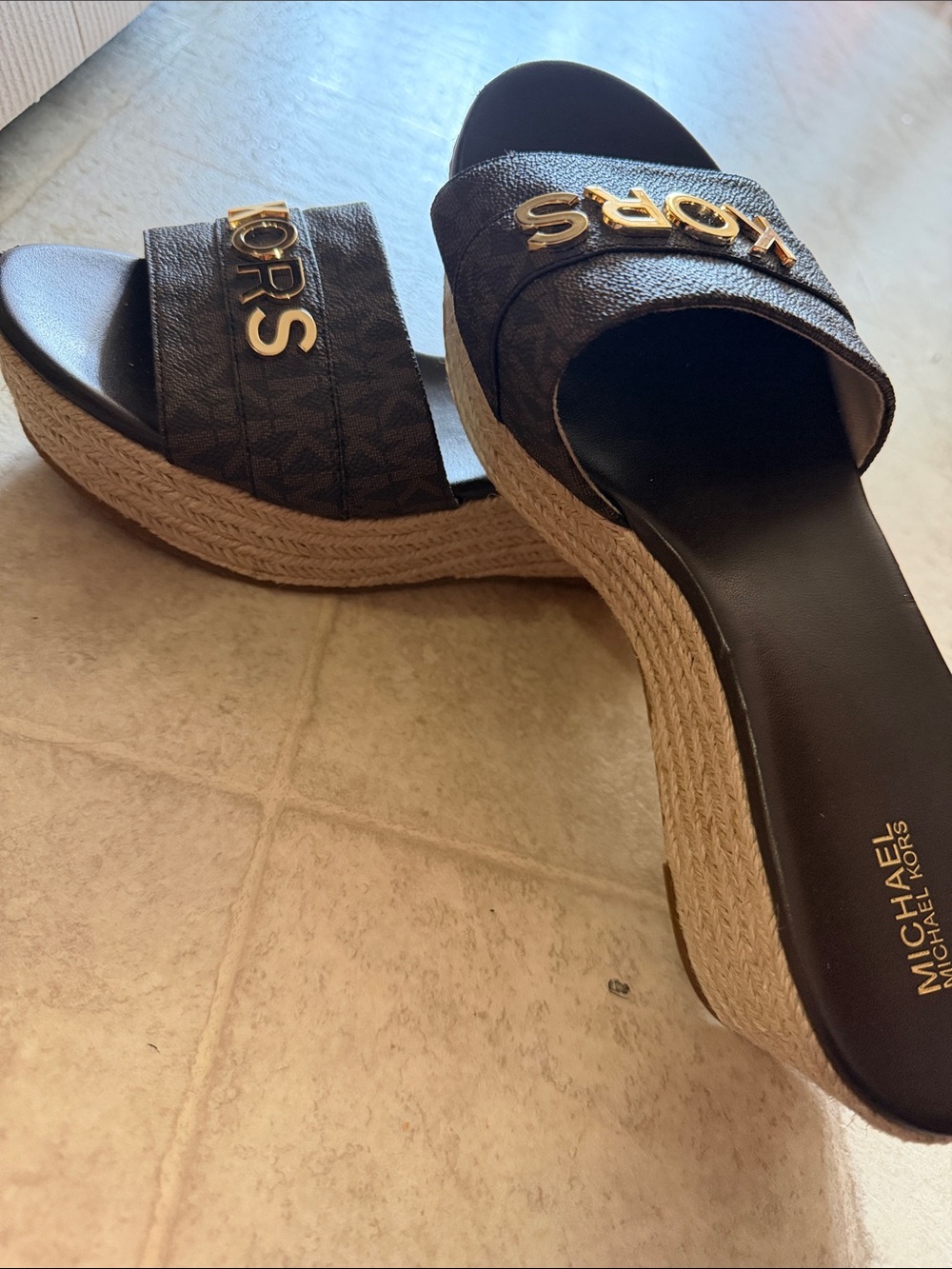 Michael Kors Brown Logo Espadrille Wedge Slides with Gold Logo